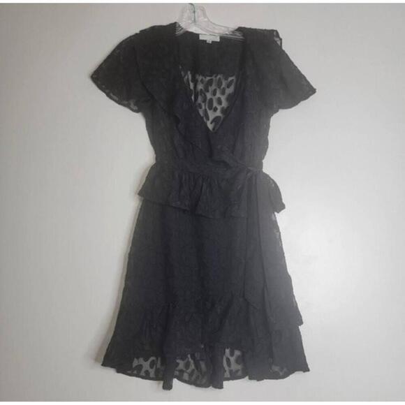 Ten Sixty Sherman Black Semi-sheer Dress Ruffle Hem Faux-Wrap Style Small - Picture 2 of 11